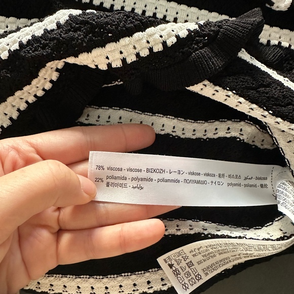 Black and White Two-Tone Striped Crochet Pullover with Ruffle Details - Picture 9 of 9